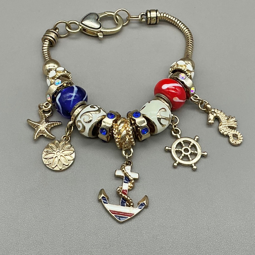Nautical Charm Bracelet Women Gold Tone Blue Red White Anchor Seahorse Starfish